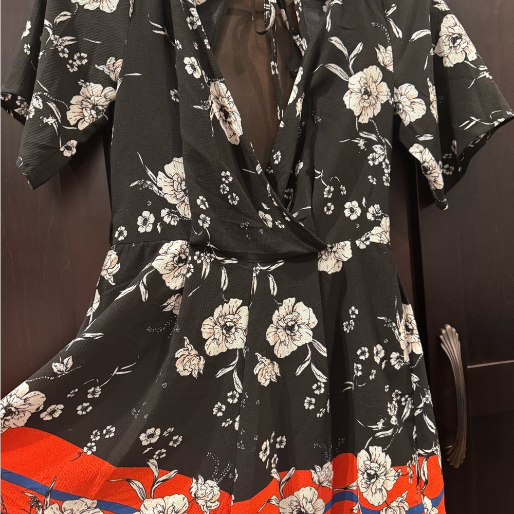 Floral Wrap romper with Red and Blue Accents